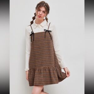 Cider Square Neck Check Ruffle Bowknot Babydoll Mini Dress